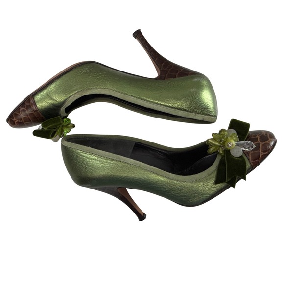 Karen Millen Green Metallic Crocodile Embossed Heels Size 37.5 US 6.5 Velvet Bow - Picture 9 of 11